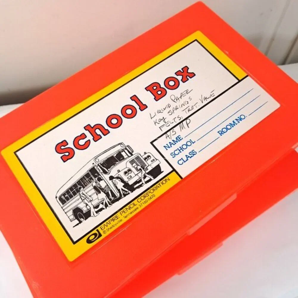 Vintage Empire Pencil Plastic School Box Case School Bus & Football cheerleaders